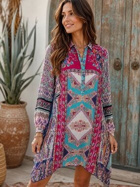 NWT Johnny Was Magenta & Blue Patchwork Tunic Dress 🦋 🌼